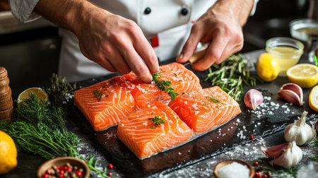 A chef skillfully prepares fresh salmon, garnishing with herbs and spices. The vibrant colors and textures display a culinary delight perfect for any food lover.の素材