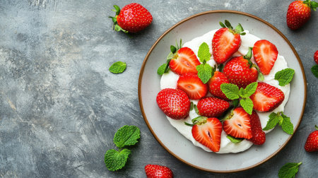 A delightful dessert featuring fresh strawberries arranged on a creamy base, garnished with mint leaves. Perfect for summer gatherings or special occasions.の素材