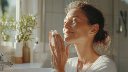 A woman enjoys a moment of self-care applying skincare in a sunlit bathroom. The serene atmosphere highlights her natural beauty and wellness routine.の素材
