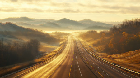 A serene sunrise illuminates an empty highway, framed by soft fog and rolling mountains. This tranquil landscape captures the essence of peaceful travel.の素材
