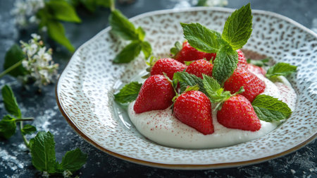 A visually appealing plate featuring fresh strawberries topped with mint over creamy yogurt, ideal for summer desserts and healthy snacks.の素材