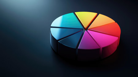 Bright and vibrant color wheel with distinct segments resting on a dark surface, highlighting a modern and artistic aesthetic suitable for creative projects.の素材