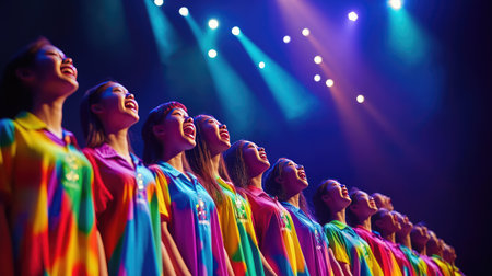 A vibrant choir of women passionately performs on stage, illuminated by colorful lights, showcasing joy and unity through music and expression.の素材