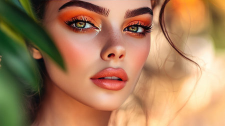 A captivating close-up portrait of a woman showcasing vibrant makeup. Her expressive eyes and soft features embody elegance and confidence, enhanced by a natural setting.の素材