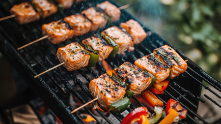 Savory grilled salmon skewers with colorful vegetables, perfect for outdoor gatherings and summer barbecues. A healthy and delicious meal option.の素材