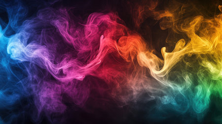 Abstract colorful smoke waves blend seamlessly on a dark background, creating an enchanting and dynamic visual atmosphere perfect for artistic projects.の素材