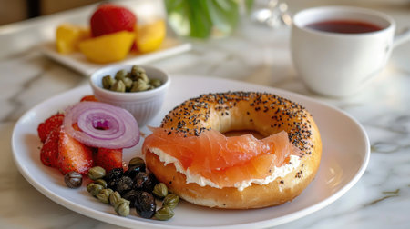 A stunning breakfast plate featuring a bagel topped with cream cheese and salmon, accompanied by fresh strawberries, capers, and a warm cup of tea.の素材