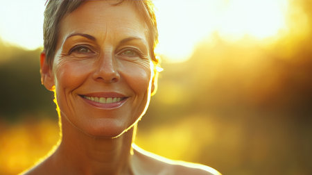 A joyful woman smiles warmly in soft sunset light, exuding confidence and tranquility. This portrait captures the essence of happiness and natural beauty.の素材