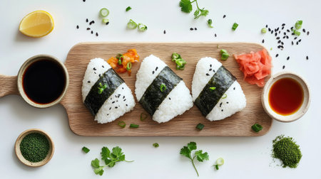 Experience the vibrant appeal of fresh sushi served on a wooden board, complemented by garnishes and sauces for a delightful culinary experience.の素材