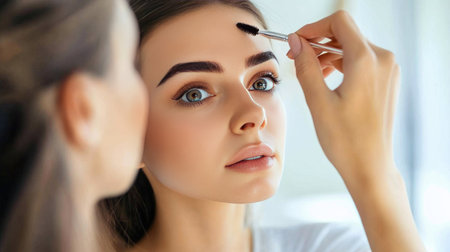 A young woman is applying makeup carefully in a bright, serene room. The focus is on her eyebrows as she uses a brush, showcasing beauty and self-care.の素材