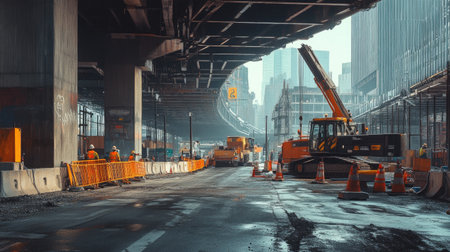 A bustling construction site in an urban environment featuring heavy machinery and workers, showcasing roadwork dynamics and infrastructure development.の素材