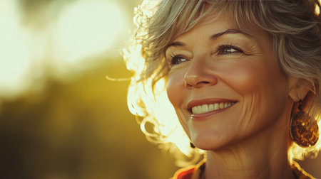 A joyful mature woman smiles gently in the warm glow of sunlight. This portrait captures her confidence and happiness, reflecting a positive lifestyle.の素材