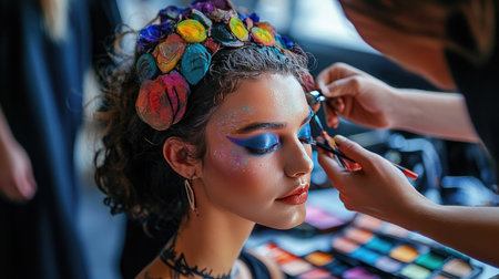 A vibrant and artistic makeup application showcases a model with colorful accents and bold eye makeup. The scene captures the creativity of makeup artistry.の素材