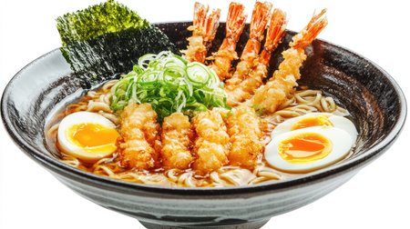 A mouthwatering bowl of shrimp ramen featuring crispy shrimp, soft-boiled eggs, and seaweed. Perfectly garnished and ideal for food lovers.の素材