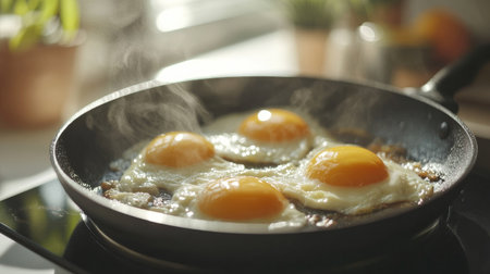 A closeup of four eggs frying in a pan, creating a comforting breakfast scene with steam rising, highlighting the freshness and simplicity of home-cooked meals.の素材