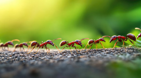 A close-up image of ants marching in a line along a textured surface, set against a vibrant green background, showcasing nature's intricate teamwork and movement.の素材
