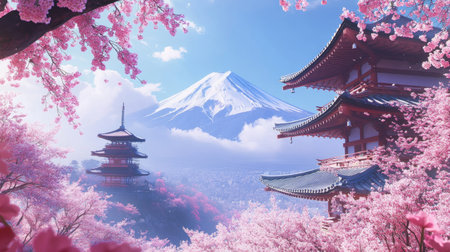 A breathtaking view of cherry blossoms in spring with majestic mountains in the background, showcasing traditional architecture and serene scenery.の素材