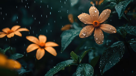 A captivating close-up of vibrant orange flowers adorned with raindrops, set against lush green leaves. This serene garden scene evokes a sense of tranquility and beauty in nature.の素材