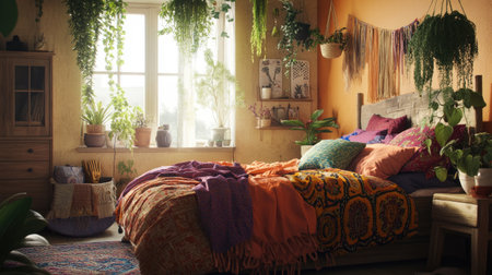 A warm and inviting bohemian bedroom filled with lush indoor plants and vibrant textiles, creating a cozy atmosphere perfect for relaxation and inspiration.の素材