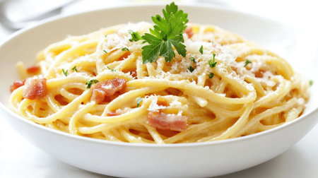 A close-up view of a creamy pasta dish garnished with parsley, featuring spaghetti, cheese, and bacon. Ideal for food photography and culinary projects.の素材