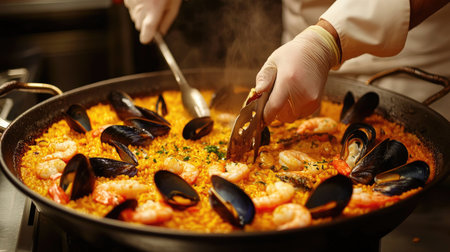 A chef stirs a steaming seafood paella in a large pan, showcasing succulent shrimp and mussels. This vibrant dish highlights culinary tradition and fresh ingredients.の素材