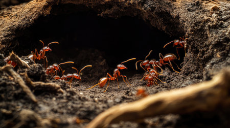 A detailed close-up view of ants entering their underground nest. The scene captures the intricate texture of the soil and the teamwork of these fascinating insects.の素材