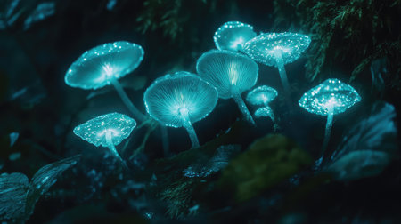 Discover a captivating scene of glowing mushrooms in a mystical forest, showcasing bioluminescent flora that enhances the enchantment of nature at night.の素材