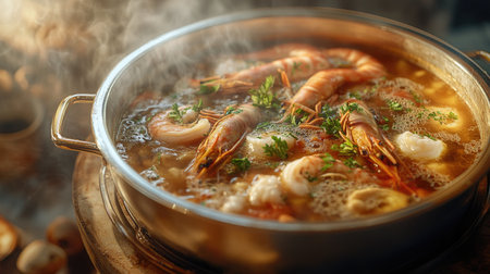 A vibrant and steaming pot of fresh shrimp soup garnished with herbs. This appetizing dish embodies warmth and comfort, perfect for any gathering.の素材