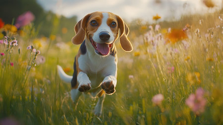 A playful beagle joyfully runs through a vibrant field of flowers, embodying happiness and freedom in a sunny outdoor setting. Perfect for capturing pet joy.の素材