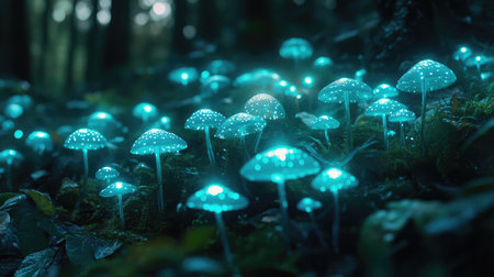 Discover the enchanting beauty of luminous mushrooms in a forest setting. These glowing fungi create a magical atmosphere, perfect for nature lovers.の素材