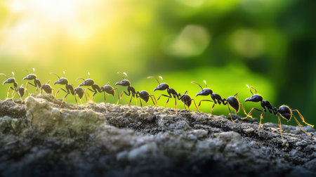 A captivating image showcases a line of ants navigating a rocky surface, highlighting their teamwork and intricate behaviors against a soft, blurred background.の素材