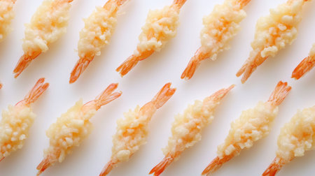A beautiful arrangement of tempura shrimp showcases the crispy texture and appetizing appearance, perfect for food enthusiasts and culinary presentations.の素材