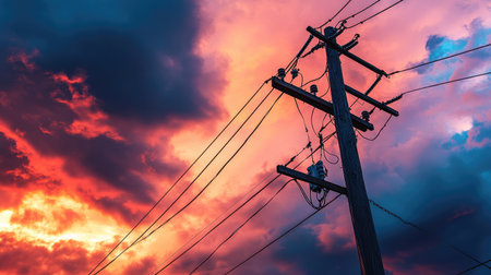 A striking image of power lines silhouetted against a vibrant sunset sky, showcasing dramatic clouds and a colorful atmosphere. Ideal for nature and urban themes.の素材