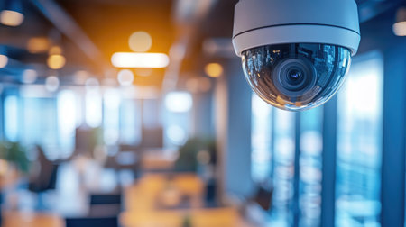A modern security camera installed in a bright office setting, highlighting technology and safety measures in a contemporary workspace environment. Ideal for business security themes.の素材