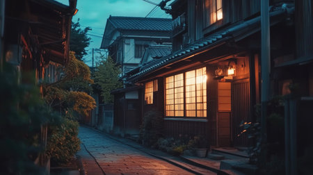 A serene evening view of a traditional Japanese alley, featuring a warm lit window and a glowing lantern, creating a peaceful atmosphere in a charming neighborhood.の素材