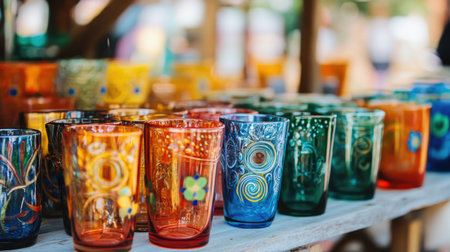 A vibrant display of handcrafted glassware showcases unique designs and cheerful colors, perfect for summer gatherings or decorative accents.の素材
