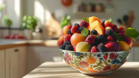 A vibrant bowl filled with an assortment of fresh fruits, including berries and melons, showcases a colorful and healthy arrangement ideal for any kitchen setting.の素材