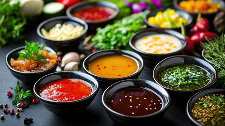 Explore a vibrant display of sauces and ingredients in bowls, showcasing a rich variety of colors and textures perfect for culinary creations and gourmet dishes.の素材