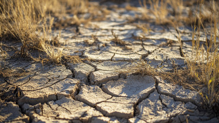 A close-up view of dry cracked earth with sparse grass growth under sunlight, highlighting the effects of drought and environmental changes.の素材