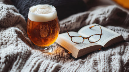 A cozy scene featuring a glass of amber beer, a book, and reading glasses on a knitted blanket, perfect for a relaxing evening indoors.の素材