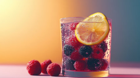 A vibrant glass filled with a refreshing mix of raspberries and a slice of lemon, captured with bubbles in a bright and colorful background.の素材
