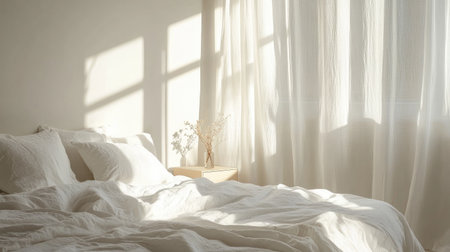 A tranquil bedroom scene bathed in soft sunlight, showcasing a cozy bed with white linens, delicate decor, and a peaceful atmosphere. Perfect for relaxation.の素材