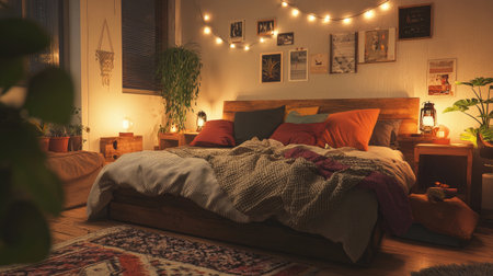 A cozy bedroom showcasing warm lighting, decorative plants, and soft textiles, creating a serene atmosphere perfect for relaxation and comfort.の素材