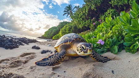 A serene image of a turtle resting on sandy beach with lush tropical greenery in the background, showcasing the beauty of marine wildlife and nature.の素材