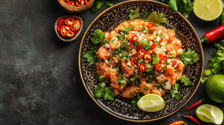A vibrant seafood dish garnished with fresh herbs, lime, and chili. Perfect for showcasing bold flavors and healthy ingredients in culinary photography.の素材