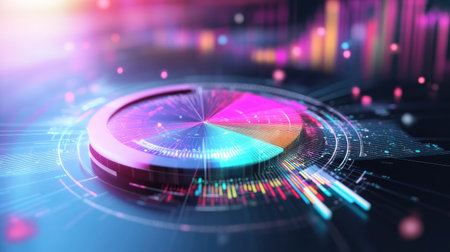 Vibrant and colorful data visualization showcasing graphs and pie charts. Perfect for technology, analysis, and business-related projects and concepts.の素材