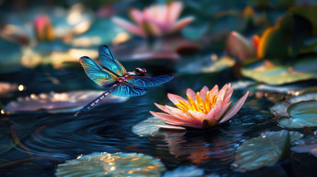 A stunning dragonfly with vibrant blue wings hovers above a blooming water lily in a serene pond, showcasing the beauty of nature and tranquility.の素材