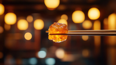 A close-up of a shiny orange delicacy held by chopsticks, surrounded by warm light bokeh. This captivating image captures the essence of gourmet dining and culinary artistry.の素材