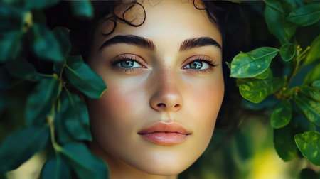 A captivating close-up portrait of a woman with curly hair framed by lush greenery. Her clear eyes and natural skin radiate serenity and beauty in a tranquil outdoor setting.の素材