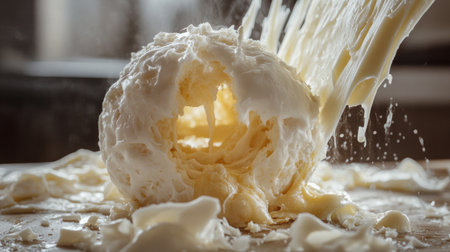 A dynamic shot of ice cream melting and splashing in a kitchen setting, showcasing the delightful chaos of a sweet dessert experience. Perfect for food enthusiasts!の素材